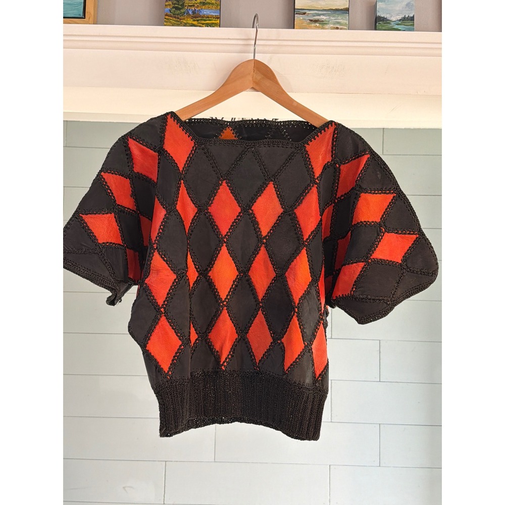 Vintage Leather Patchwork Harlequin Top Crochet Diamond Black Orange Dolman